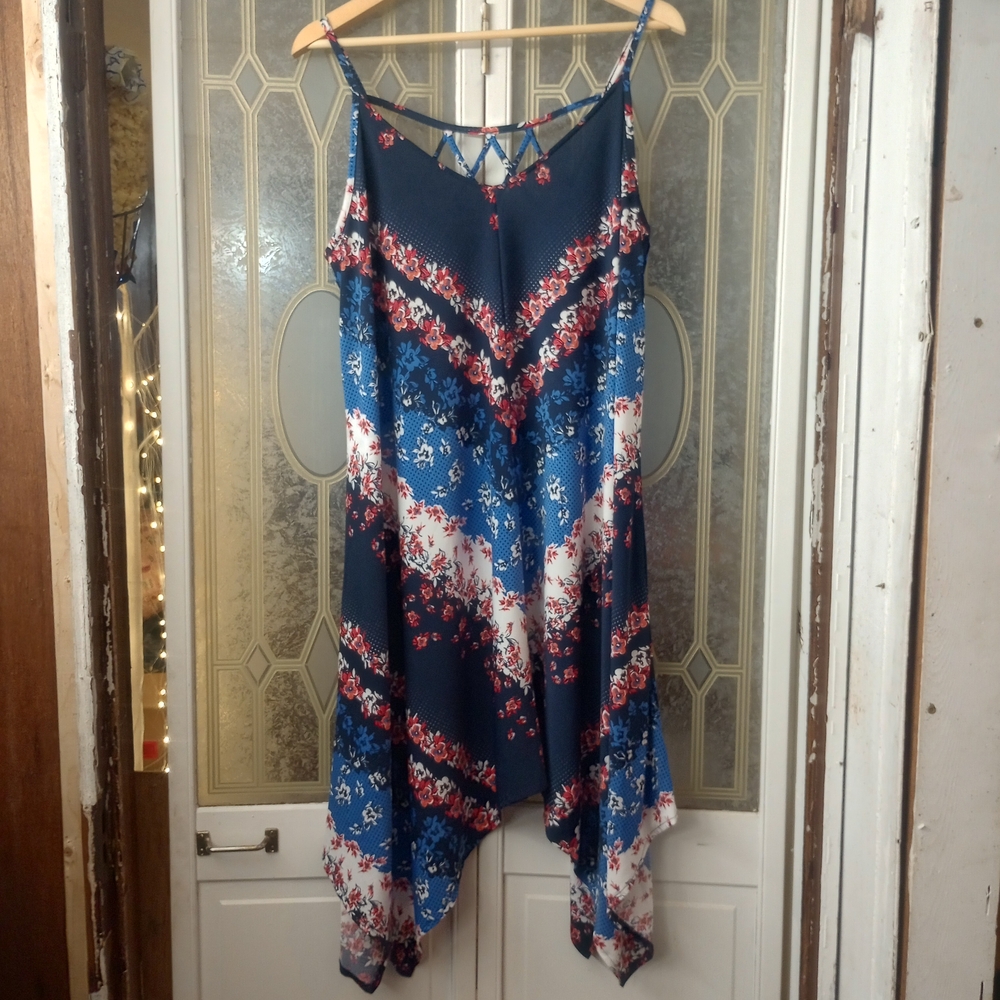 Maurices Asymmetrical Dress in Navy and Blue Floral
